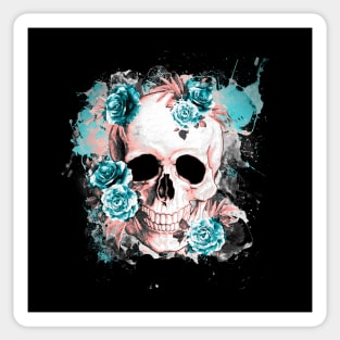Floral Skull with turquese roses and leaves watercolor Sticker